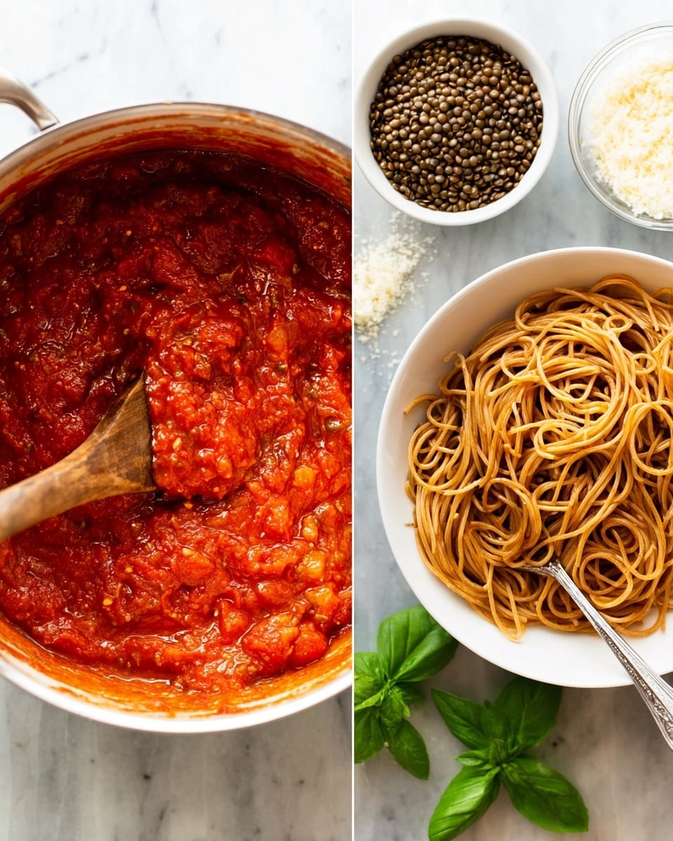 The left side shows a close-up view of a pot filled with thick, red tomato sauce with visible chunks and a shiny, slightly oily texture, stirred by a wooden spoon. The right side has a white bowl holding cooked spaghetti pasta with a light brown color, a silver spoon resting inside, next to a smaller white bowl filled with dark green lentils, a small white container of grated cheese, and fresh green basil leaves scattered around. All items are set on a white marbled surface photo taken with an iphone --ar 4:5 --v 7