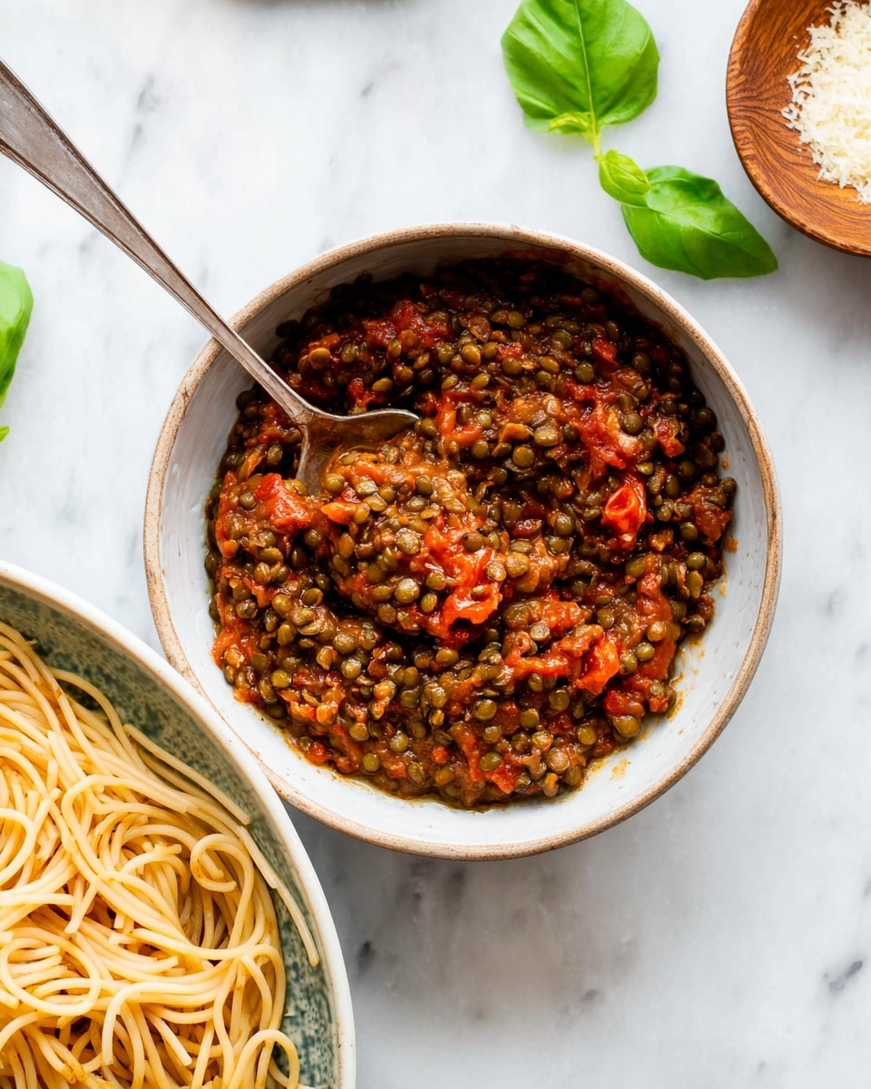 A bowl with dark green lentil and red tomato sauce mixture fills most of the bowl with a rough, chunky texture, showing soft but whole lentils and tomato pieces, a silver spoon is partly embedded in the mixture on the left side. To the right, there’s a white bowl filled with plain cooked spaghetti with a smooth, slightly shiny surface. Both bowls sit on a white marbled surface with some green basil leaves and a small brown wooden bowl with grated cheese in the upper corner. photo taken with an iphone --ar 4:5 --v 7