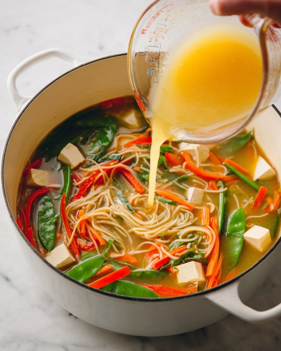 A white pot filled with clear broth containing long, thin noodles, bright green snap peas, red bell pepper strips, orange carrot strips, and white tofu cubes in small chunks. A woman's hand is pouring a light yellow sauce from a glass measuring cup into the pot. The pot sits on a white marbled surface, and the broth is clear with visible vegetables and noodles floating through. photo taken with an iphone --ar 4:5 --v 7