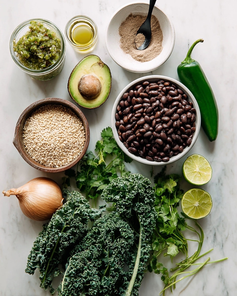 The image shows a flat lay of various fresh ingredients arranged neatly on a white marbled surface. At the center right, there is a white bowl filled with dark brown beans. Above it is a white bowl with a light brown powder and a black spoon inside. To the right of the powder bowl is a whole green jalapeño pepper. Two lime halves, bright yellow-green inside, are placed near the bottom right corner. At the bottom center, there is a large bunch of dark green curly kale with thick, leafy texture. To the left of the kale, a bunch of fresh cilantro with bright green leaves and thin stems lies flat. Above the cilantro, there is a halved avocado with a dark green outer skin and pale green flesh holding a large brown seed. Next to it is a clear glass bowl filled with chunky green salsa. On the far left side, a small metal container holds golden olive oil. Above the oil container, there is a whole shallot with brownish skin and beside it a whole bulb of garlic with white skin. At the top left corner, a brown-rimmed bowl is filled with pale beige brown rice grains. All ingredients have natural, fresh textures and colors. Photo taken with an iphone --ar 4:5 --v 7