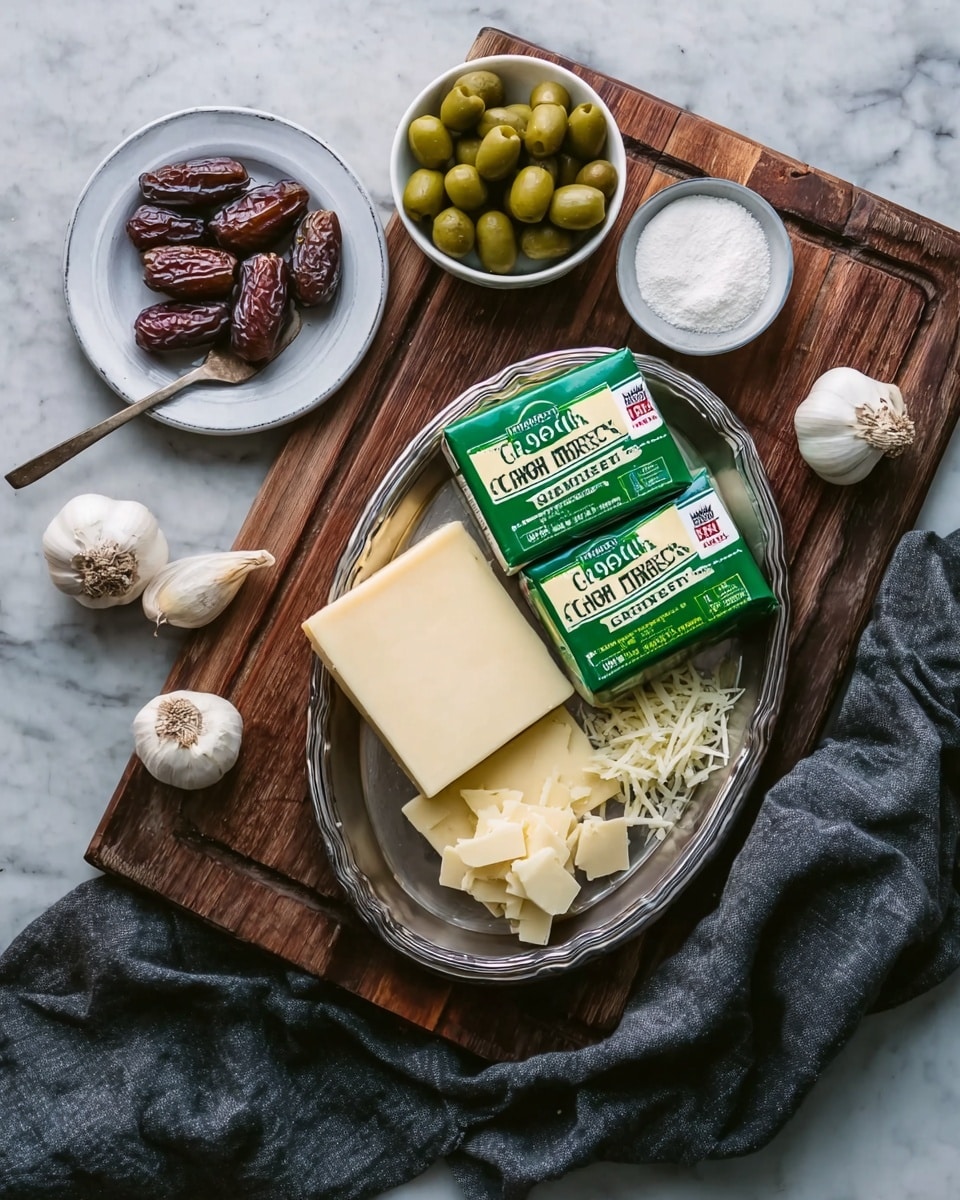 The image shows a wooden tray on a white marbled surface, holding a metal oval plate with two blocks of cheese, one Vermont Sharp Cheddar and one Monterey Jack, wrapped in green and white packaging. A small pile of grated cheese and a chunk of unwrapped cheese sit on the plate. Around the plate, there is a white plate with dark brown dates, a white bowl filled with green olives, a small white bowl with a white powder, and two garlic bulbs resting on a dark gray cloth. photo taken with an iphone --ar 4:5 --v 7