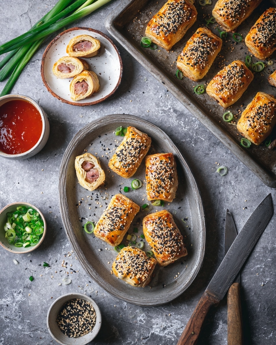 The image shows several small puff pastry rolls with a golden-brown crust topped with black sesame seeds, some are whole while others are sliced in half to show a pinkish meat filling inside. These pastries are placed on a large vintage gray metal tray, scattered with small green onion slices. Nearby, a rustic baking tray holds more full and sliced pastries. On the left, a white bowl with a brown rim holds a red dipping sauce, and next to it are fresh green onions. On the right, a small white bowl contains black and white sesame seeds, and below it is a small round bowl with chopped green onions. A large knife with a wooden handle rests on the bottom right of the scene. The setting is on a textured gray surface, changed to white marbled texture. photo taken with an iphone --ar 4:5 --v 7