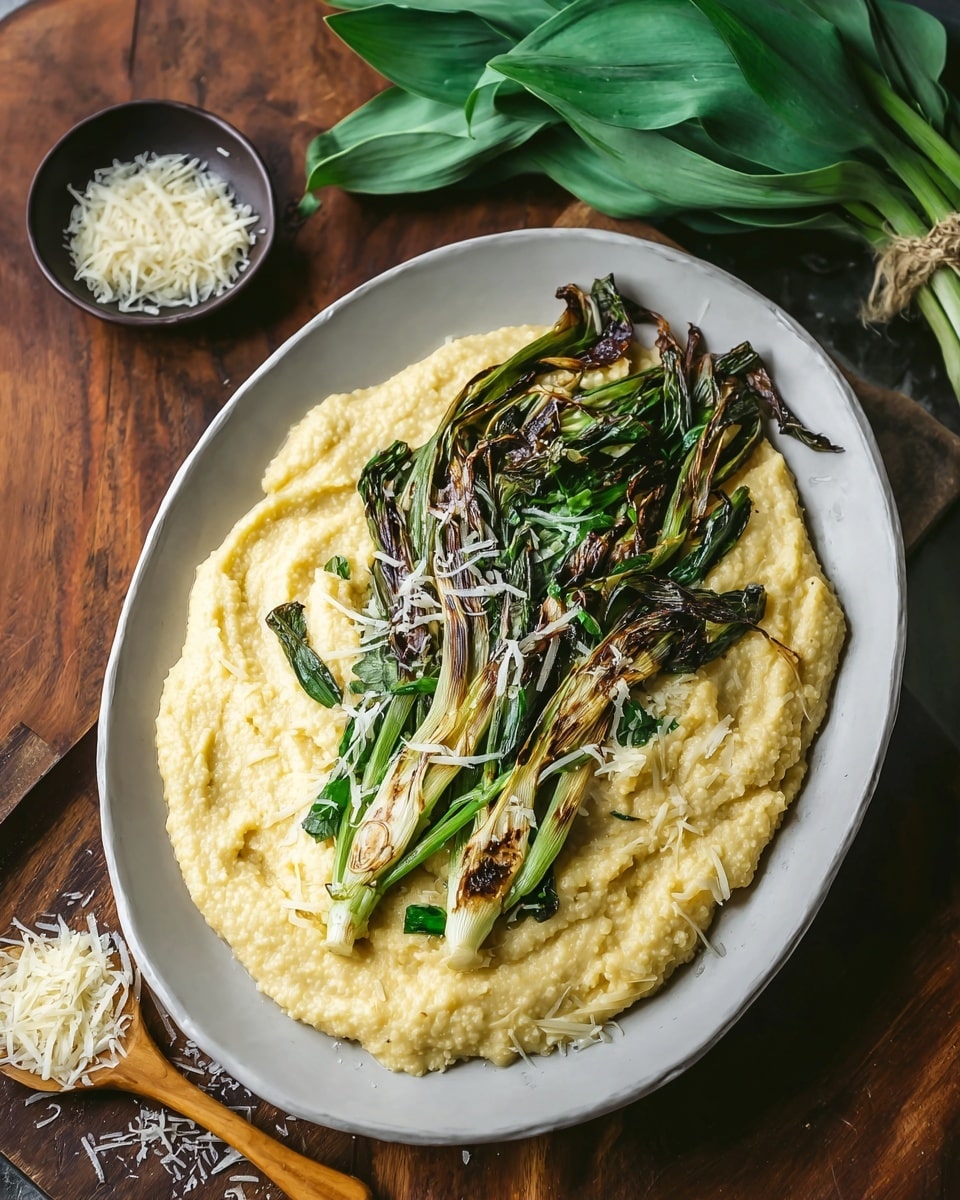 The dish shows a white oval plate filled with a creamy yellow polenta base spread thickly across the plate. On top, there are several grilled green onions with charred dark green and brown edges arranged in a loose bundle to one side. Small piles of shredded pale cheese are scattered over part of the polenta. The plate sits on a wooden table with a small dark bowl of coarse salt and a wooden spoon holding more shredded cheese nearby. There is a bunch of fresh green leaves in the background over a white marbled surface. Photo taken with an iphone --ar 4:5 --v 7