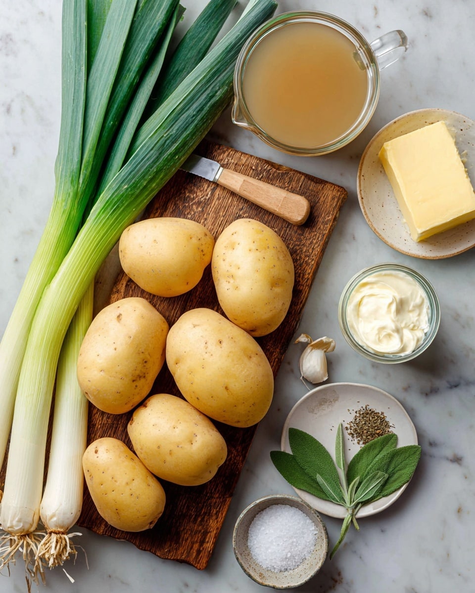 This image shows several large light yellow potatoes with smooth skin arranged on a wooden board. Beside them lay two long white and green leeks with leafy green tops, along with a bunch of bright green chives on the side. There are two cloves of garlic near the potatoes and a small knife with a wooden handle resting on the wooden board. On the right, there is a clear glass bowl filled with light brown broth, a small white bowl holding a yellow block of butter, a glass jar of white cream, and a white saucer plate containing white salt, light brown pepper, and fresh green sage leaves. The surface underneath everything has a white marbled texture. Photo taken with an iphone --ar 4:5 --v 7