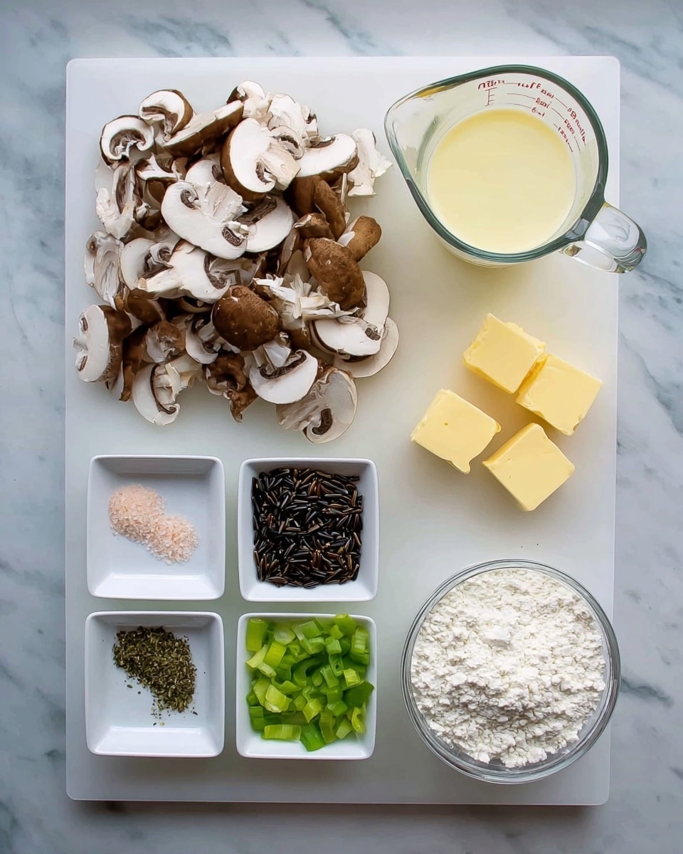 A white cutting board holds several cooking ingredients neatly arranged. On the top left, there is a pile of sliced brown and white mushrooms, showing smooth and curved textures. To its right, a small clear glass cup filled with a light yellow liquid is placed. Next to it on the right, a transparent measuring cup contains white milk. Below the milk, two small yellow butter cubes rest on the board. Center right, there is a small white bowl filled with dark wild rice that has a rough, uneven texture. Below these, three small square white dishes hold seasonings and chopped vegetables: the left dish contains pink salt, black pepper, and green dried herbs; the middle dish has chopped white onion; and the right dish holds chopped green celery. On the far right bottom, there is a clear round bowl filled with white flour with a slightly crumbly texture. All items sit on a white marbled textured surface photo taken with an iphone --ar 4:5 --v 7