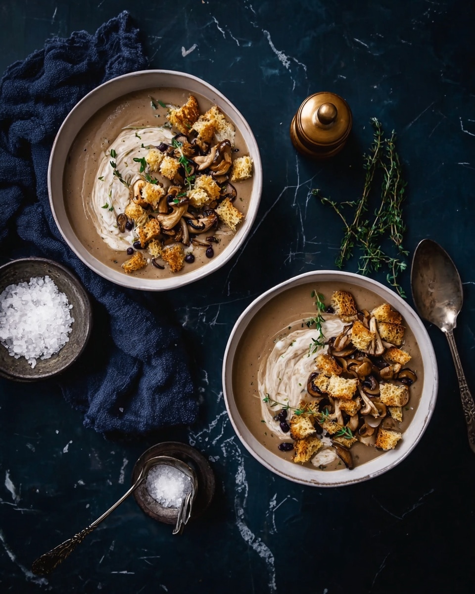 Two white bowls filled with smooth, creamy brown soup form the base layer, swirled with a lighter cream in a soft spiral. On top, there is a layer of rustic toasted bread pieces, golden brown with a crunchy texture, scattered unevenly. Next, a mix of light beige and golden mushrooms adds an earthy tone, clustered mostly on one side. Small black beans or seeds are sprinkled around, giving a speckled effect. Fresh green herb sprigs are placed on top as the final touch. The bowls sit on a dark surface with a white marbled texture beneath, accompanied by an ornate silver spoon in one bowl, a small container of coarse salt, and a brass pepper grinder nearby. A dark blue cloth and fresh thyme sprigs lie beside the bowls, enhancing the setting. Photo taken with an iphone --ar 4:5 --v 7