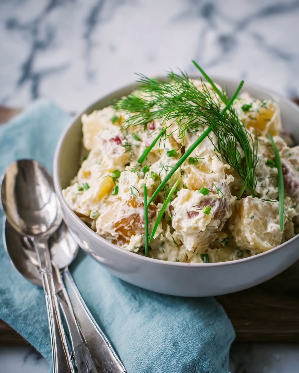 A close-up view of a bowl filled with creamy potato salad, showing about three main layers: a base of chunky, pale yellow potato pieces coated in a thick, white mayonnaise-like dressing mixed with small green and reddish bits. On top are fresh, bright green sprigs of dill and chives adding a touch of color and texture. The bowl is white and sits on a white marbled surface with a silver fork and spoon placed on a light blue cloth next to it. The photo taken with an iphone --ar 4:5 --v 7