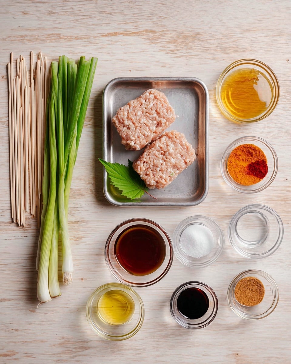 The image shows a wooden surface with various cooking ingredients neatly arranged. There are two portions of pale pink ground meat on a small metal tray near the center, bright green whole scallions placed vertically to the left of the tray, and a small bunch of green shiso leaves beside the scallions. To the left of the scallions, there are several light wooden skewers arranged in a fan shape. On the right side of the metal tray, there are seven small clear glass bowls containing different ingredients: white salt, orange-red spice, two clear liquids, a dark brown liquid, a reddish-brown paste, and a small amount of light brown sugar. The overall layout is clean and organized on a white marbled textured surface. photo taken with an iphone --ar 4:5 --v 7
