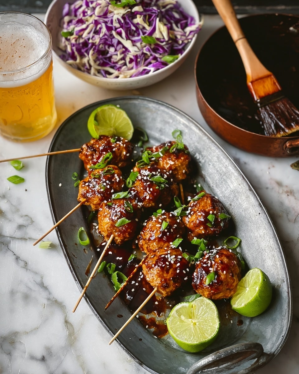 The image shows six meatball skewers arranged on an oval gray metal plate with glossy dark sauce drizzled on top and sprinkled with white sesame seeds and chopped green onions. The skewers have a charred, caramelized texture with a rich brown color. Four lime wedges with bright green skin and pale green inside are placed around the meatballs on the plate. Behind the plate, there is a white bowl filled with purple and white shredded cabbage topped with sliced green onions, and a brown saucepan with a wooden brush resting inside. Next to the plate is a glass of frothy yellow beer set on a white marbled surface. Photo taken with an iphone --ar 4:5 --v 7