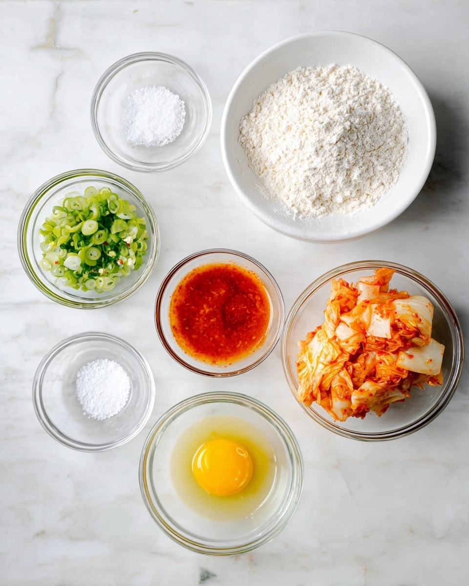 The image shows six small white and clear glass bowls arranged on a white marbled surface. The top right white bowl is filled with white flour, next to it on the left is a clear bowl with chopped green onions. Below the chopped onions is a small bowl with coarse salt, next to it on the right is a clear bowl with orange-red sauce. Below the sauce is a clear bowl containing a beaten yellow egg mixture. To the right of the egg is an empty white bowl. In the center right, there is a clear bowl with orange and white chunks of kimchi. photo taken with an iphone --ar 4:5 --v 7