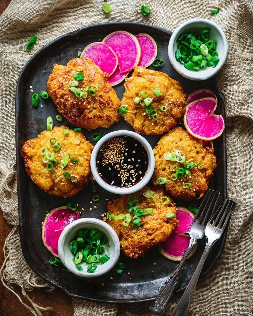 The image shows five golden brown fritters with a crispy texture, each sprinkled with sliced green onions on top, arranged on a dark metal tray. In the middle of the tray, there are two small white bowls; one filled with a dark dipping sauce topped with sesame seeds and the other with chopped green onions. Around the fritters and bowls, there are bright pink and white radish slices, adding color contrast. The tray sits on a rough beige fabric surface, and there are two small metal forks on the right side. The photo is taken with an iphone --ar 4:5 --v 7