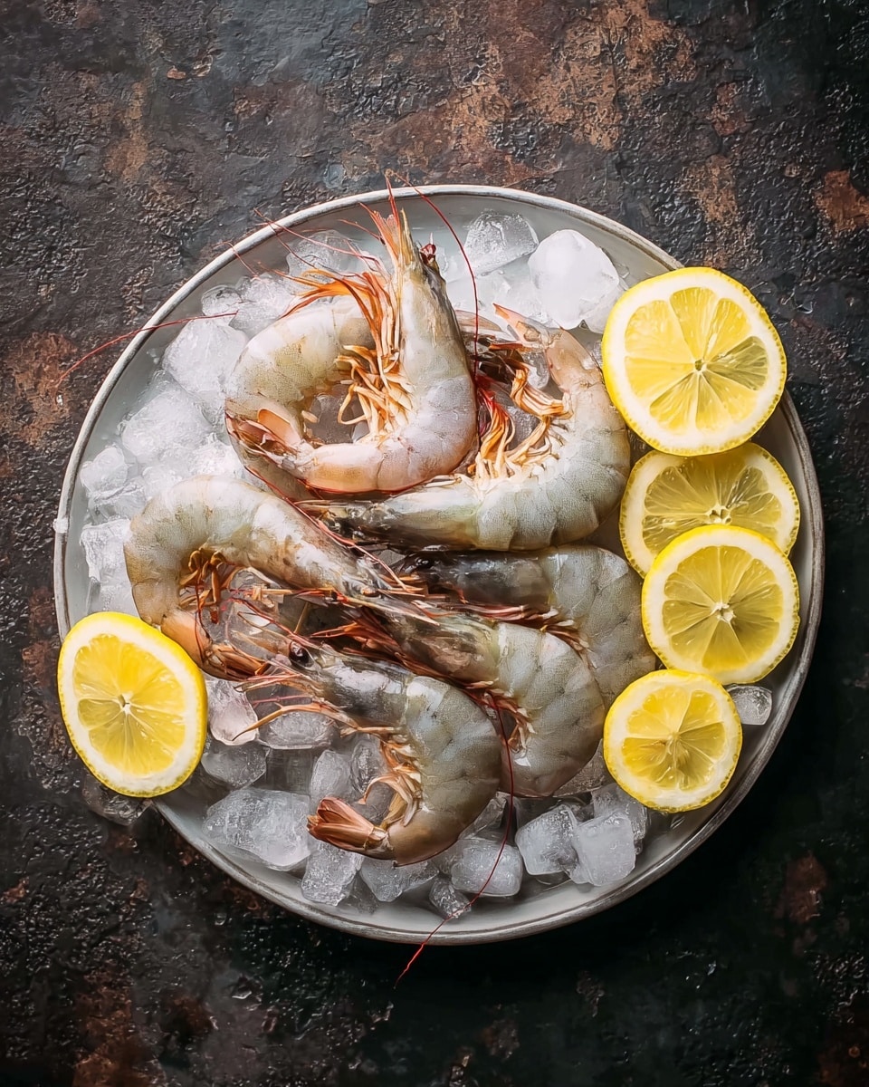 A round white plate holds a layer of irregular ice cubes spread out, topped by six large raw shrimp arranged in a loose circle with their tails curled inward and long orange antennae extending outward. Three thin lemon slices lie on the right side of the shrimp, and one lemon wedge is tucked under a shrimp on the left. The plate sits on a dark, rough surface that contrasts with the bright yellow of the lemons and the muted gray and pink hues of the shrimp. photo taken with an iphone --ar 4:5 --v 7