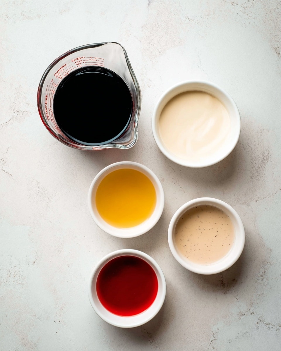 The image shows five containers with different liquids arranged on a white marbled surface. In the top left is a clear glass measuring cup filled with a dark black liquid. To the right of it is a small white bowl holding a smooth, creamy white liquid. Below, there are three small white bowls forming a loose triangle: the left bowl has a light golden yellow liquid, the right bowl contains a bright red liquid, and the bottom bowl holds a pale beige liquid with small dark specks floating in it. The containers and liquids are viewed from above, with soft natural lighting creating subtle shadows. Photo taken with an iphone --ar 4:5 --v 7