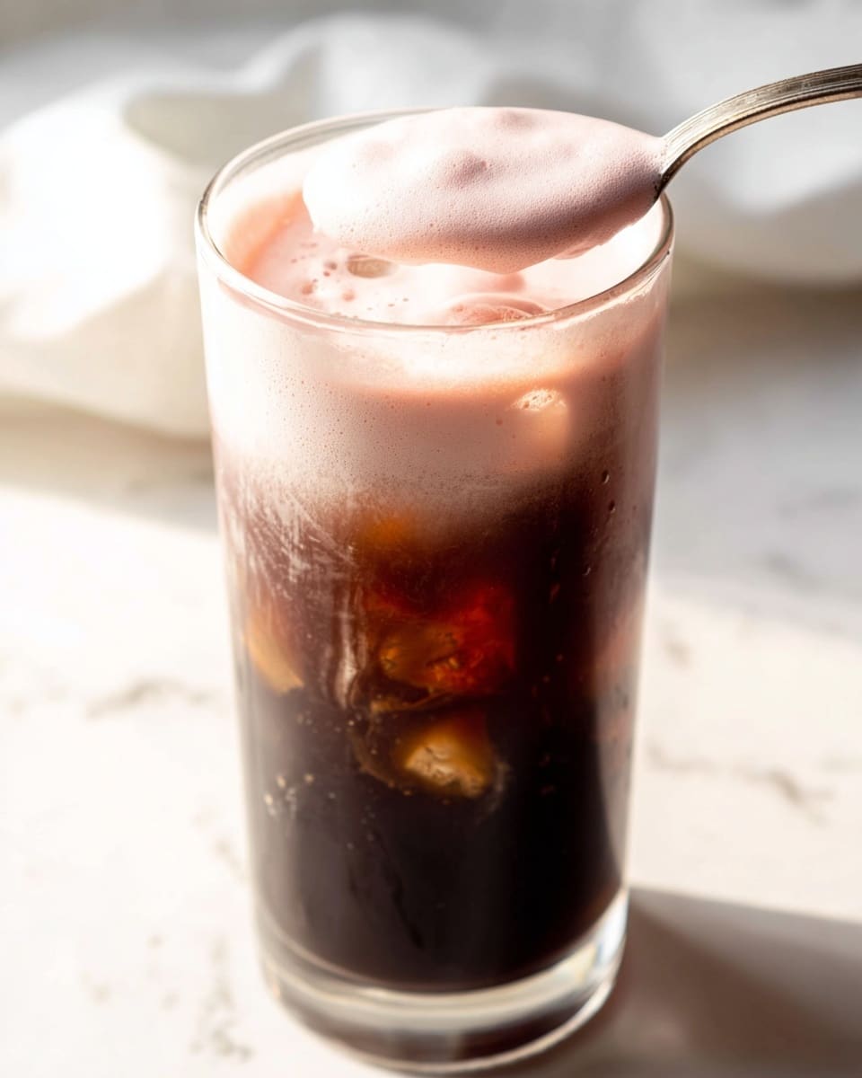 A tall clear glass filled with dark brown iced coffee with visible ice cubes inside, topped with a thick, creamy layer of light pink foam that is smooth and glossy; a silver spoon is lifting some of the pink foam from the top, showing its soft texture. The glass sits on a white marbled surface with soft, natural lighting highlighting the creamy foam and cold drink inside. photo taken with an iphone --ar 4:5 --v 7