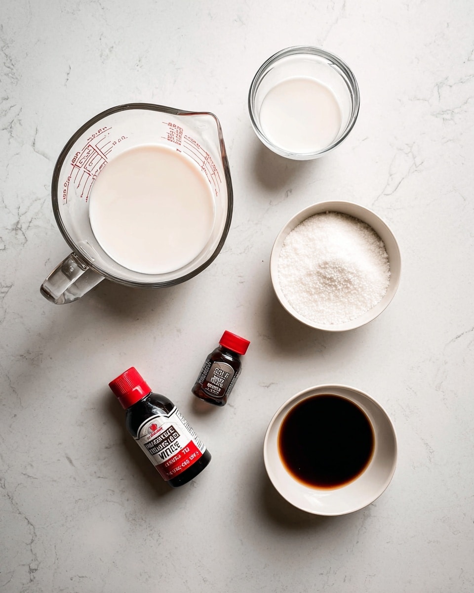 The image shows a top view of baking ingredients arranged on a white marbled surface. A clear glass measuring cup filled with a white liquid is placed on the left side, and above it, there is a similar smaller clear glass container holding a slightly thicker white liquid. To the right, there is a white bowl filled with white granulated sugar. Below the sugar bowl, two small dark bottles with red caps are placed, one labeled almond extract and the other butter extract. At the bottom right, a white bowl contains a small amount of dark brown liquid. The layout is simple and clean, with soft natural lighting. photo taken with an iphone --ar 4:5 --v 7