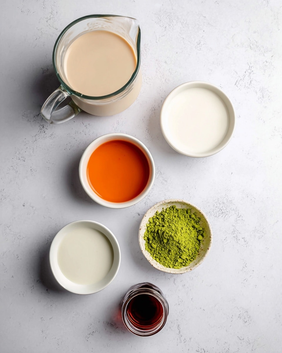 The image shows six containers with different ingredients placed on a white marbled surface. At the top left, there is a large clear glass pitcher filled with a light beige creamy liquid. Below it, slightly to the left, is a small white bowl filled with a bright orange liquid. To the right of it, there is another small white bowl containing a smooth white liquid. Below these, on the left, is a tiny white cup with an even lighter creamy liquid. To the right, a small white bowl holds a pile of bright green powder with a fine texture. At the bottom center, there is a small glass jar filled with dark reddish-brown liquid. photo taken with an iphone --ar 4:5 --v 7