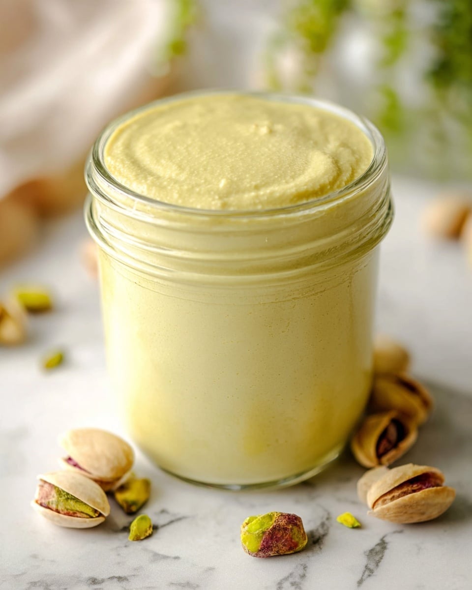 A clear glass jar filled with smooth, creamy pistachio paste that is light greenish-yellow in color, filling the jar to the top with a thick, even surface. The jar sits on a white marbled surface scattered with a few whole and cracked pistachio nuts, showing their green and brown shells and the nuts inside. The background is softly blurred with some green plant stems visible, giving a fresh and natural feel. photo taken with an iphone --ar 4:5 --v 7