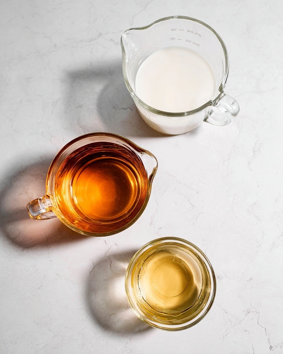 Three glass measuring cups are placed on a white marbled surface. The top cup contains a white liquid, the middle cup also holds a white liquid but is slightly smaller, and the bottom cup holds a clear amber-colored liquid. The cups are arranged in a loose vertical line with space between each. The light shines softly from above, casting gentle reflections on the glass and liquid surfaces. photo taken with an iphone --ar 4:5 --v 7