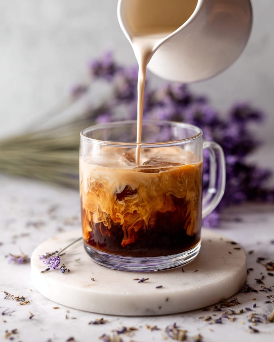 A clear glass cup filled halfway with dark coffee, with a layer of light cream swirling from the bottom up as it mixes, creating a marbled effect of brown and tan shades. A white pitcher is pouring the cream into the cup from above, capturing the moment of liquid flow. The cup is placed on a round white marble board, which rests on a white marbled surface scattered with dried lavender. Soft purple blurred flowers appear in the background. Photo taken with an iphone --ar 4:5 --v 7