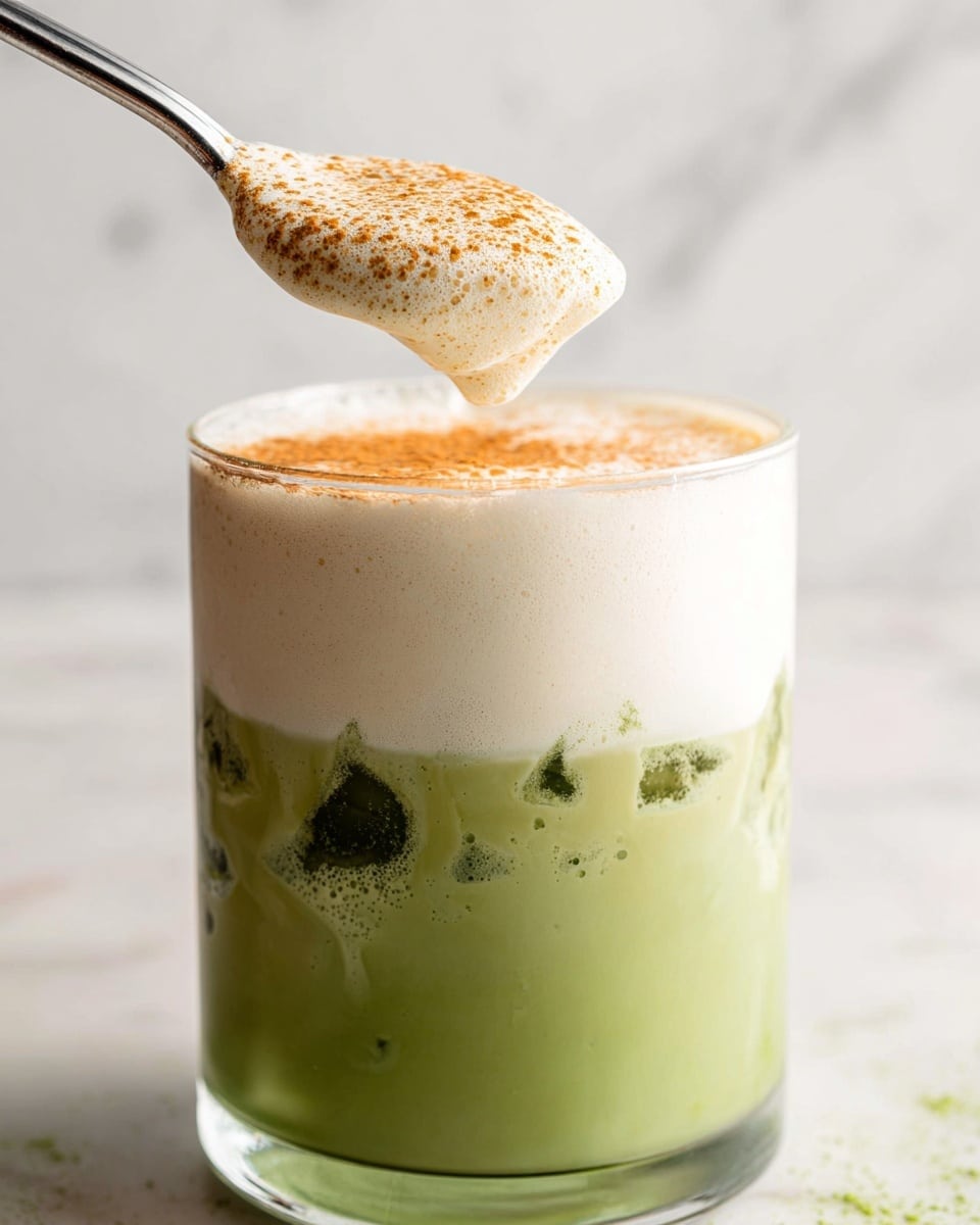 The image shows a clear glass filled with a three-layer drink. The bottom layer is a thick, smooth green matcha layer with a slightly mottled texture. Above that is a white creamy middle layer that blends softly with the green below. The top layer is a thick, foamy cream with a light sprinkling of orange powder. A silver spoon lifts some of the foamy cream from the glass, showing its airy texture. The background has a white marbled texture. photo taken with an iphone --ar 4:5 --v 7
