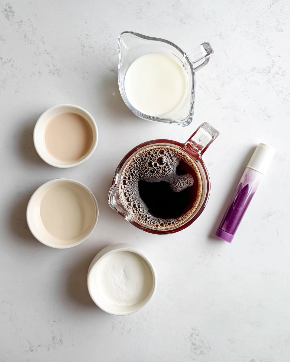 The image shows six items placed on a white marbled surface. In the center is a small glass measuring cup filled with dark brown liquid, likely coffee, with bubbles on the surface. Above it to the left, a clear plastic measuring cup holds a white liquid, possibly milk or cream. To the right of the coffee is a small white bowl filled with a white liquid. Above this bowl and closer to the top right side is a purple tube with a white cap. On the top left side is another small white bowl with a light beige liquid. At the bottom center is a small white bowl filled with a white liquid. All items are evenly spaced and neatly arranged. Photo taken with an iphone --ar 4:5 --v 7