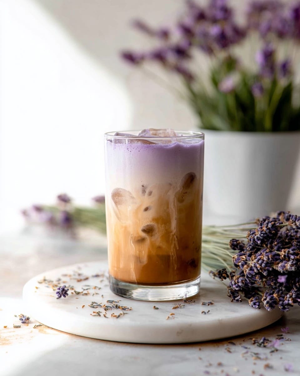 A clear glass filled with light brown iced coffee, visible ice cubes inside, topped with a thick light purple foam layer being scooped with a silver spoon held by a woman's hand; the glass sits on a round white marble surface with some dry lavender flowers scattered nearby, and a soft-focus plant pot with purple flowers is in the background; the overall color contrast highlights the creamy purple foam on top against the iced coffee below, photo taken with an iphone --ar 4:5 --v 7