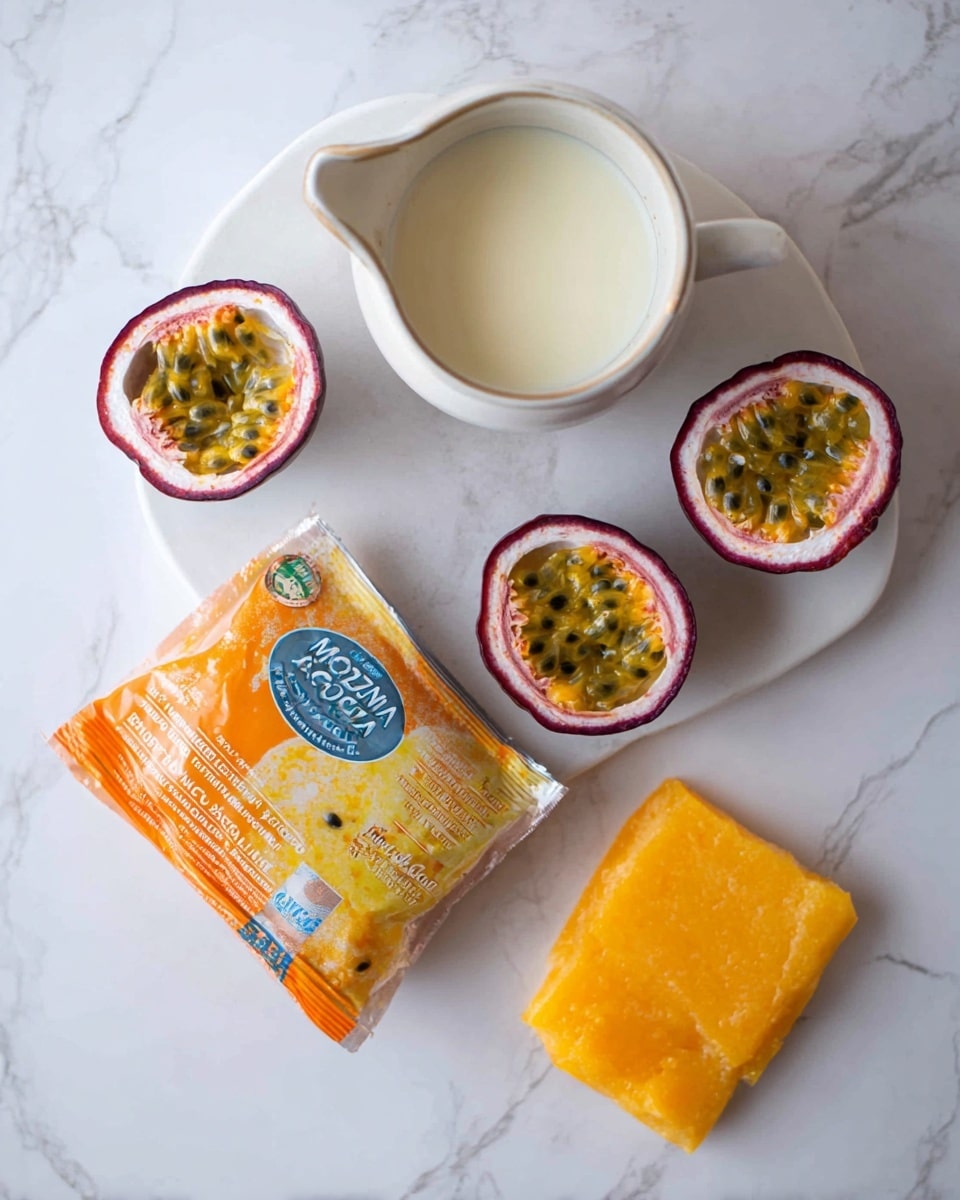 The image shows a white marbled surface with four items placed on it: three halves of passion fruit with deep purple outer skin and bright yellow pulp filled with black seeds, a white jug filled with cream or milk positioned at the top center, an open can with light yellow condensed milk near the right side, and a bright orange frozen passion fruit pulp packet labeled in Spanish with blue and white text in the bottom left area. The arrangement is neat, with the passion fruit halves spaced evenly around the frozen pulp and the containers placed above and to the right, creating a simple but colorful layout photo taken with an iphone --ar 4:5 --v 7