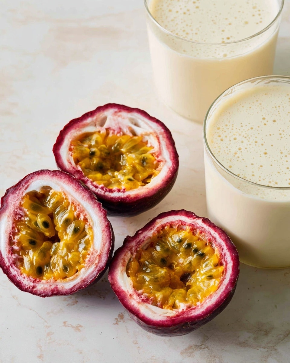The image shows three halves of a vibrant passion fruit with deep purple-red skin and bright yellow-orange juicy pulp filled with small black seeds inside. They are placed on a white marbled surface. In the background, there are two clear glasses filled with a pale creamy liquid, showing a smooth and slightly frothy texture on top. The overall scene is clean and bright with a fresh and natural look. photo taken with an iphone --ar 4:5 --v 7