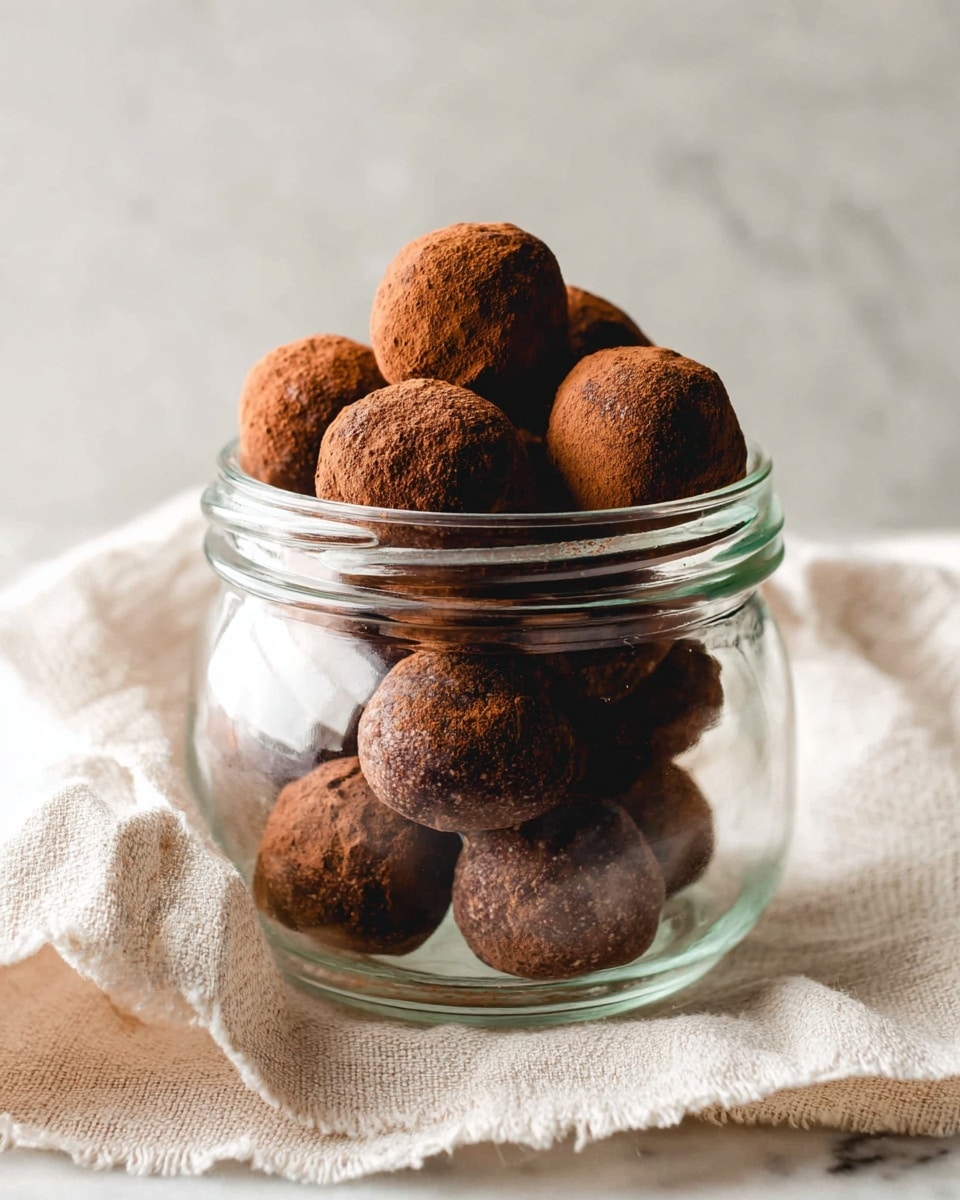 A round clear glass jar is filled with many small, round chocolate balls. Each chocolate ball has a rough texture and is coated with a layer of dark brown cocoa powder, giving them a dusty look. The jar sits on a soft, off-white cloth, all placed on a white marbled surface. The background is simple and light-colored, with soft natural light shining from the side. photo taken with an iphone --ar 4:5 --v 7