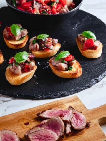 Duck Breast Bruschetta with Cherry Tomatoes and Basil Recipe
