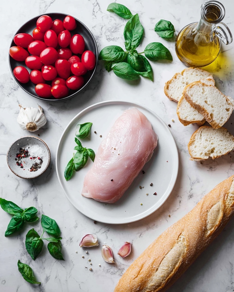 A white plate is placed near the center with a single piece of pale pink raw meat on it, showing a smooth, slightly textured surface. To the left of the plate, a black bowl holds many small, shiny, red cherry tomatoes. Around the bowl and plate, fresh green basil leaves with a slightly wrinkled texture are scattered, adding a vibrant contrast. Near the top right, there is a tall glass bottle with golden oil inside and a metal spout. To the right of the plate, there are several pieces of torn white bread, showing a soft crumb and crust texture, and a long, whole white baguette placed diagonally towards the bottom right. Small cloves of garlic and a small gray bowl with coarse salt and black pepper sit near the bottom left part of the image. The background is a white marbled surface. Photo taken with an iphone --ar 4:5 --v 7