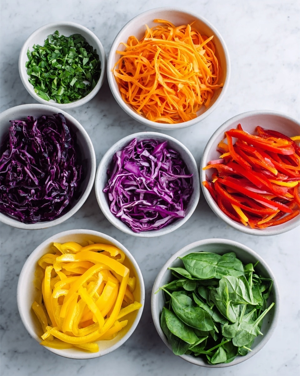 The image shows six white bowls arranged on a white marbled surface. Each bowl contains a different colorful vegetable, all thinly sliced into strips. There are bright orange carrot strips in the center bowl, deep purple cabbage strips in the lower left bowl, yellow bell pepper strips in the lower middle bowl, red bell pepper strips in the upper right bowl, fresh green spinach leaves at the right edge, and chopped green herbs in the upper left bowl. The colors are bright and fresh, with the vegetables neatly placed in each bowl. photo taken with an iphone --ar 4:5 --v 7