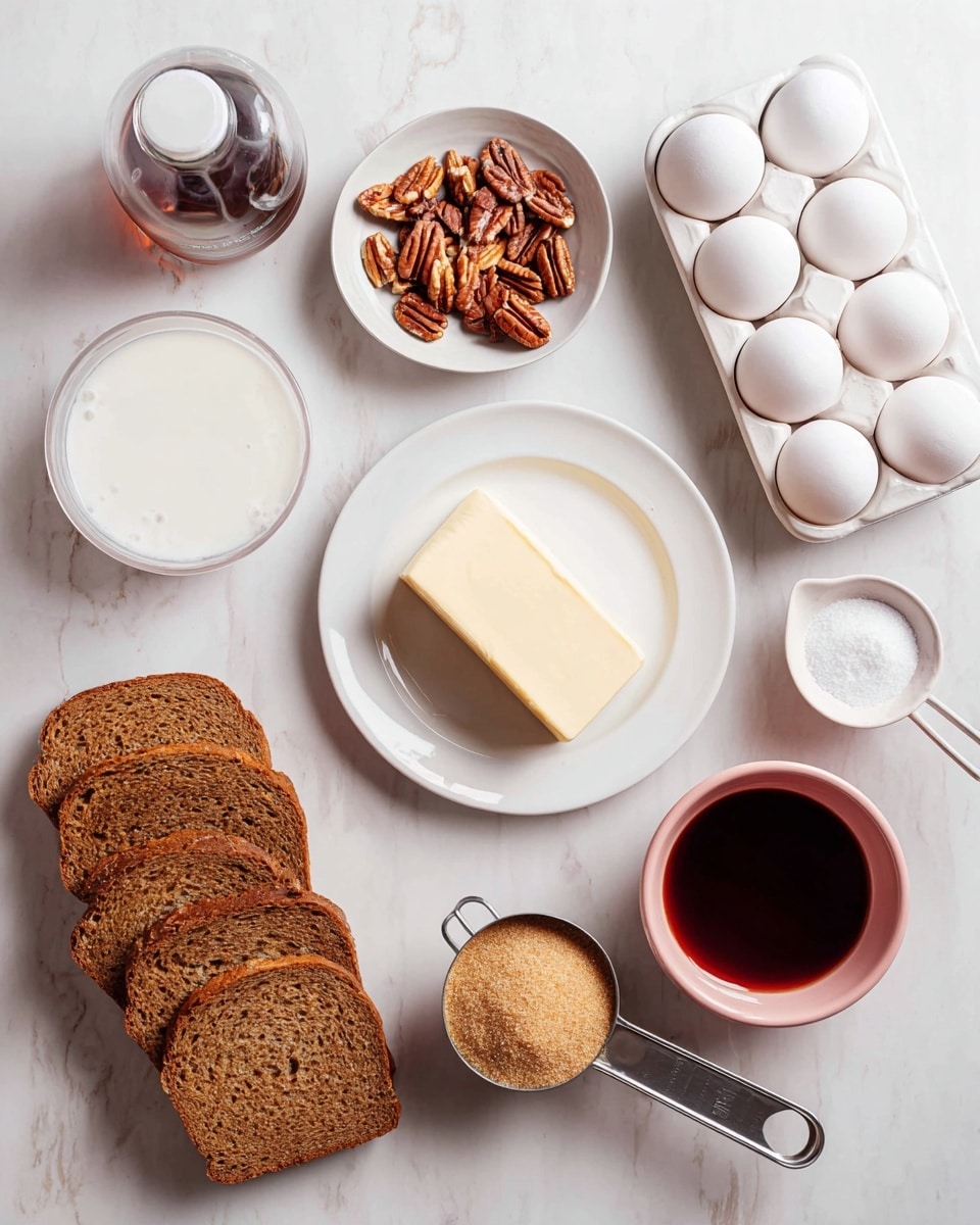 The image shows seven slices of brown bread arranged overlapping on a white plate on the bottom left side. Near the center, there is a white dish with a solid, pale yellow block of butter. Above it, there is a small white bowl filled with brown pecans. On the right side, a white egg holder contains five white eggs. Surrounding these main items are other ingredients: a clear measuring cup with white liquid on the top left, a small white cup with white liquid near it, a transparent bottle with dark liquid and a white cap near the pecans, a pink bowl with a dark brown liquid near the butter, a small silver dish with white salt, and a metal measuring cup filled with light brown sugar on the bottom right. All items are placed on a white marbled surface. photo taken with an iphone --ar 4:5 --v 7