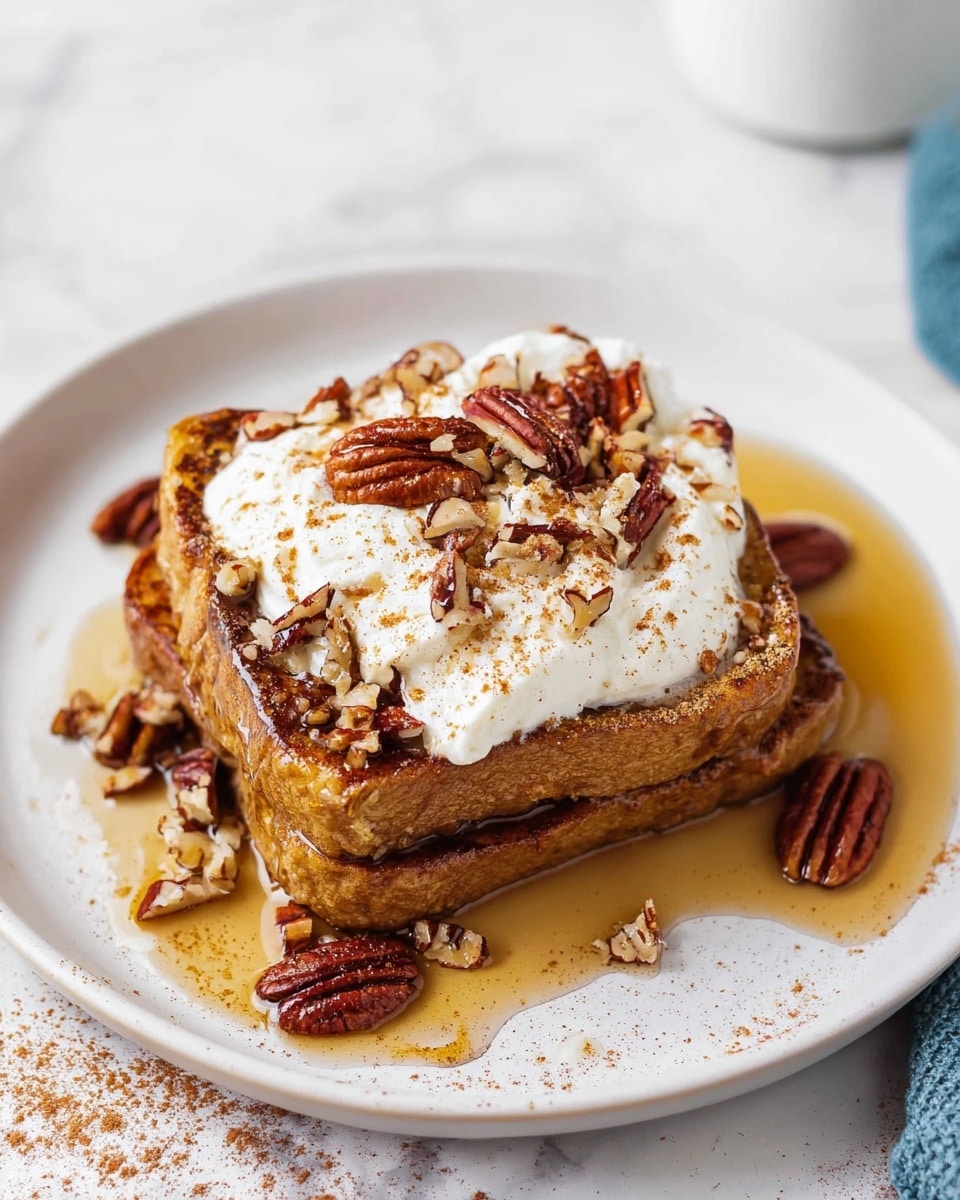 A stack of two golden brown thick slices of French toast sits in the center of a white plate on a white marbled surface. The top slice is covered with a generous dollop of white whipped cream, sprinkled with light brown cinnamon powder. Crushed and whole pecans are scattered on top of the cream, around the toast, and on the plate. Light amber syrup pools around the base, creating a shiny texture that contrasts with the soft bread. photo taken with an iphone --ar 4:5 --v 7