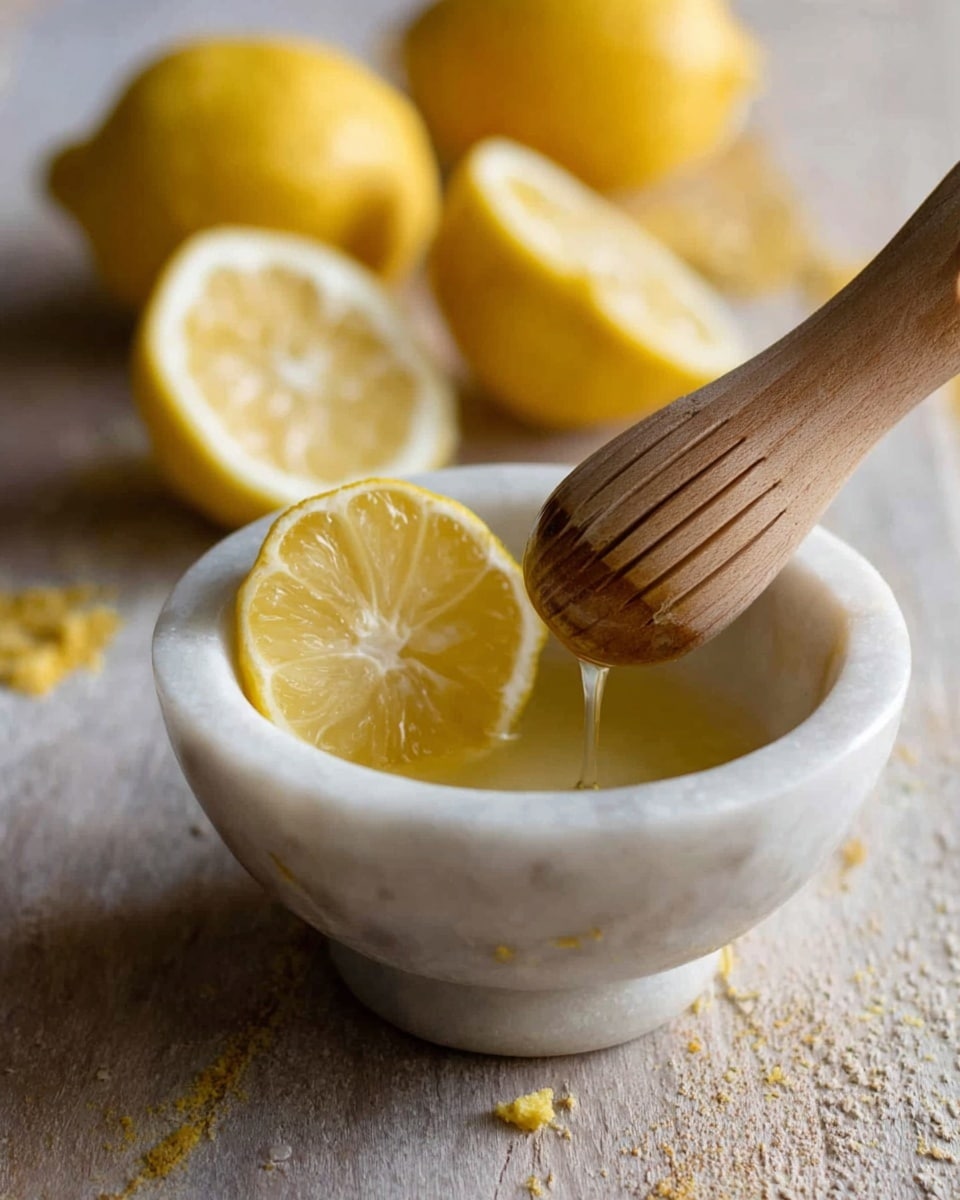 A white marble mortar filled with light yellow lemon juice sits in the center, with a wooden citrus reamer partially inside, dripping juice. A bright yellow lemon half is placed on the reamer's ridged head. In the background, three more blurred lemon pieces rest on a rustic wooden surface. The scene has a fresh and natural feel, light softly illuminating the textures of the mortar, lemon, and wood. Photo taken with an iphone --ar 4:5 --v 7