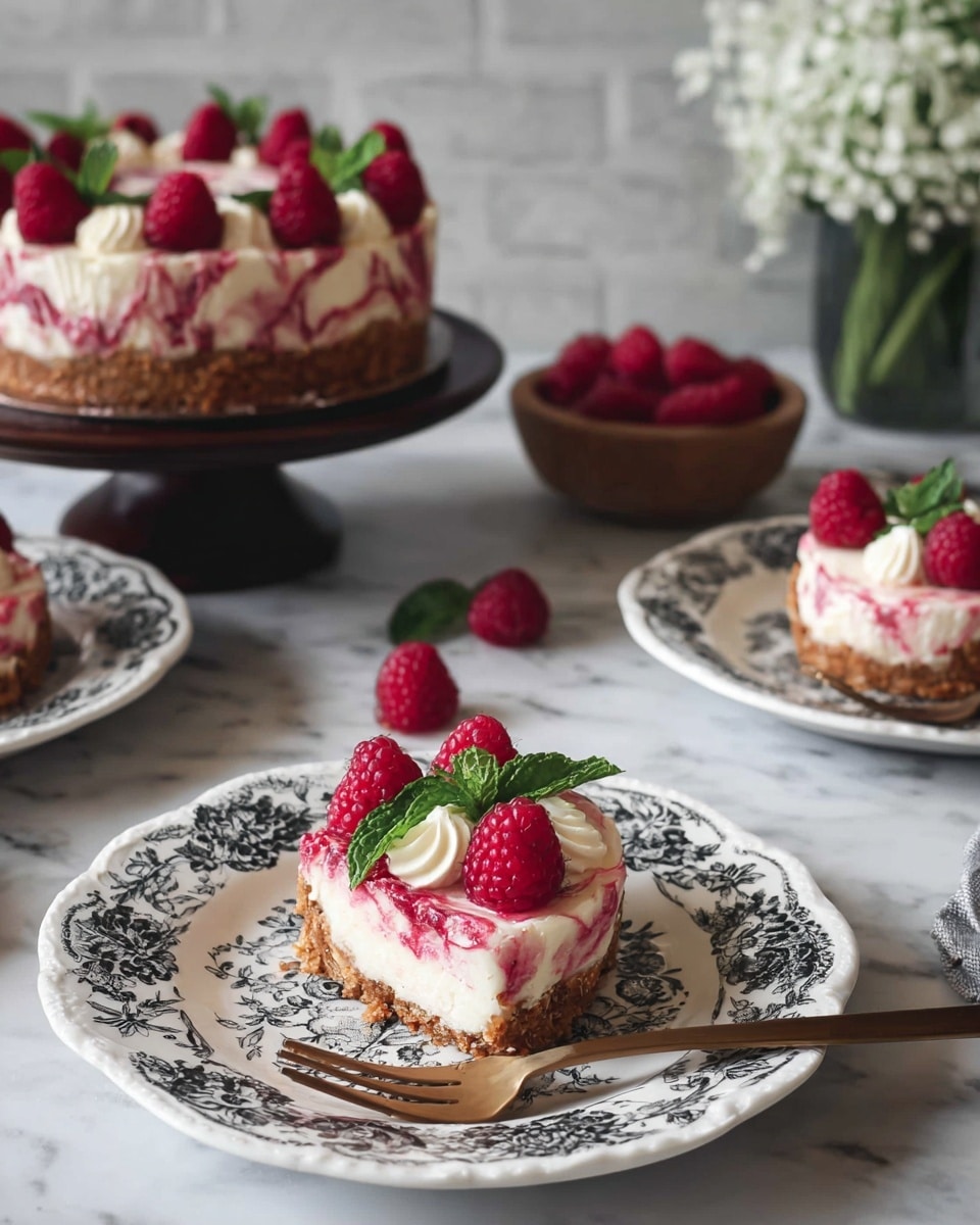 The image shows two small tarts on white plates with black floral patterns, each tart has three layers: a brown crumbly crust at the bottom, a thick white creamy middle layer, and a pinkish red sauce swirled on top. The tarts are decorated with fresh red raspberries, small dollops of white cream, and green mint leaves arranged neatly on top. A bronze fork is placed beside the tart in the front, resting on the plate’s edge. In the background, there is a larger cake with a similar crust and creamy layer topped with raspberries and mint leaves, placed on a dark stand. The table surface is a white marble texture, and there are some white flowers and a bowl filled with raspberries in the background, adding a natural touch. photo taken with an iphone --ar 4:5 --v 7