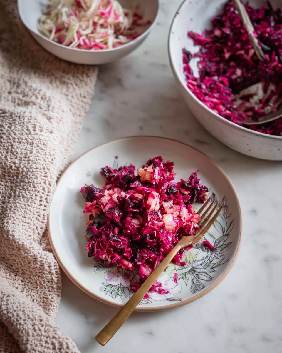 The image shows a small serving of a chunky, colorful beet salad placed on a white plate with subtle floral designs near the edge. The salad has bright layers of dark red, pink, purple, and bits of white and red vegetables mixed together, showing a chunky and moist texture. A golden fork rests on the plate, partially under the salad, with the salad spread unevenly in a loose pile. Behind the plate, there is a white bowl filled with more of the beet salad that looks fuller and richer, and a metal spoon sticking out from the bowl. To the side, part of another white bowl with a different pale shredded salad is visible. The background surface is a white marbled texture, with a beige knitted cloth casually placed to the left. photo taken with an iphone --ar 4:5 --v 7