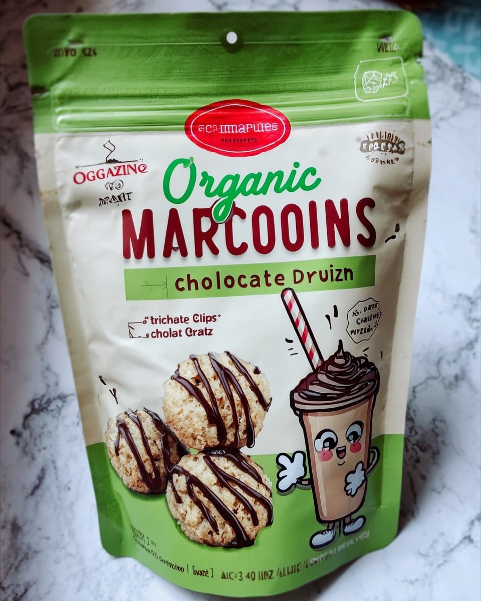The image shows a green and white bag of organic macaroons with chocolate drizzle on the front. The bag features a red and white logo at the top center, with the words