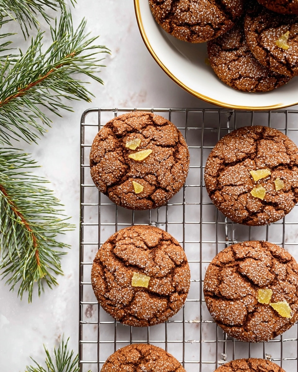 The image shows six round brown cookies cooling on a metal rack. Each cookie has a cracked surface with a sparkly sugar texture and small pieces of light yellow candied ginger scattered on top. The cookies are evenly spaced in two rows. Part of a white marbled surface is visible below the rack, along with some green pine tree branches on the bottom left side. At the top edge of the image, there is a glimpse of a white bowl with a golden rim filled with more cookies. Photo taken with an iphone --ar 4:5 --v 7