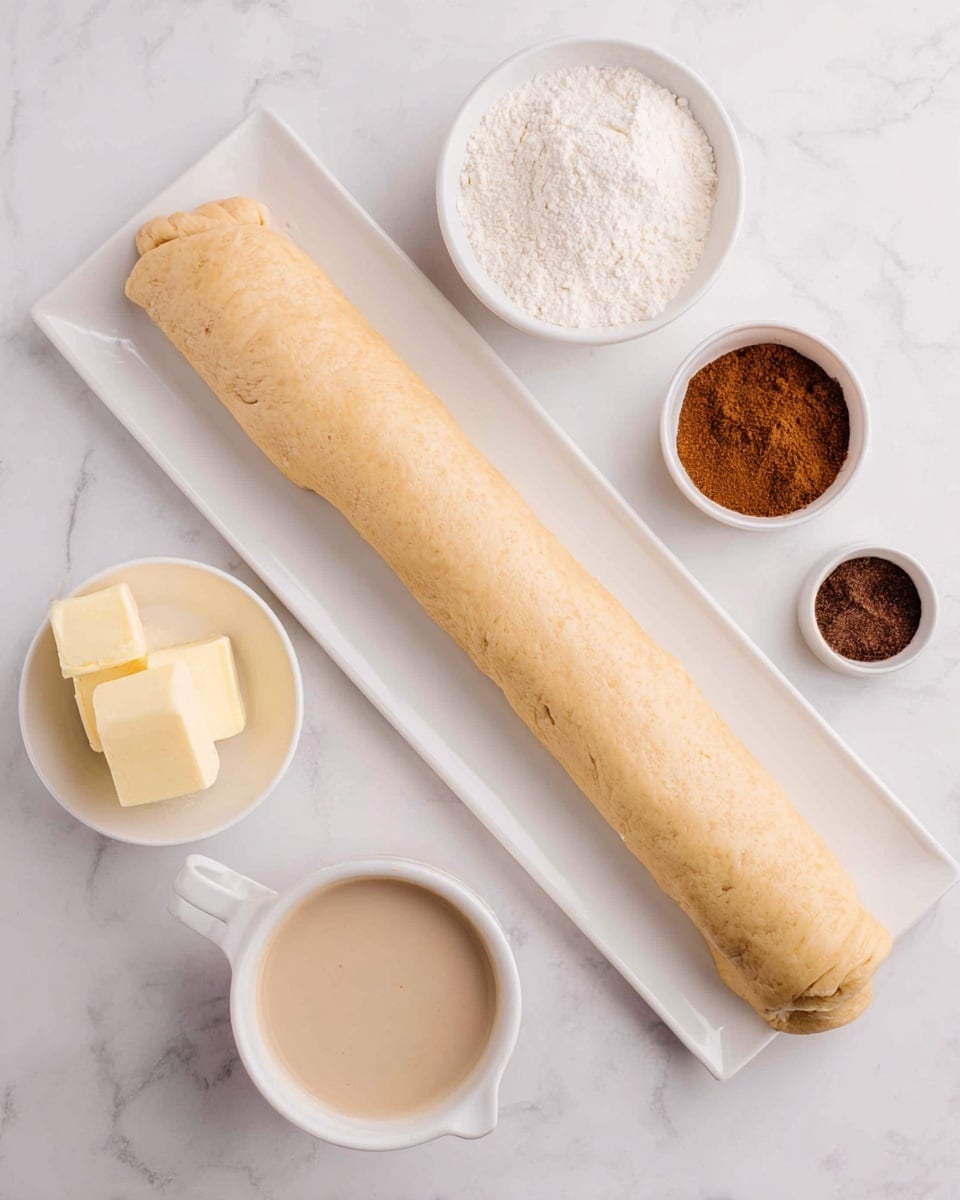 The image shows a long, rolled dough log with a light beige color and a smooth texture placed on a white rectangular plate. Around the plate, there are four small white bowls holding different ingredients: one with white flour, one with brown sugar, one with a small square of pale yellow butter, and one with a dark brown powder, likely cinnamon. Next to the dough and bowls is an open container filled with a light creamy liquid. All items are arranged on a white marbled surface. photo taken with an iphone --ar 4:5 --v 7