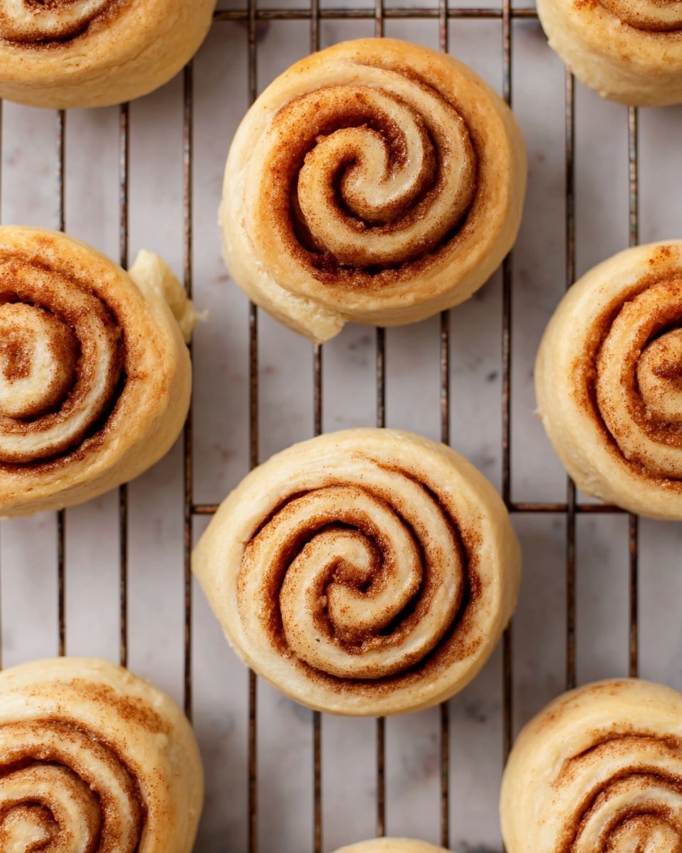 The image shows soft, light golden cinnamon rolls placed evenly on a metal cooling rack over a white marbled surface. Each roll has a clear spiral pattern with layers of light brown cinnamon sugar swirled into pale beige dough, creating a contrast between the smooth dough and the cinnamon filling. The rolls have a fluffy texture with slight browning on the edges, giving a freshly baked look. Photo taken with an iphone --ar 4:5 --v 7