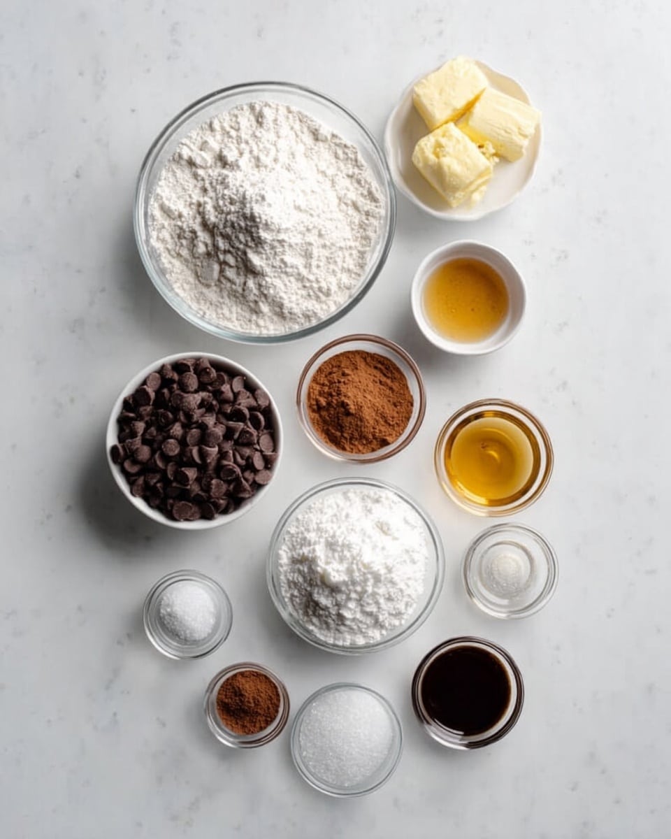 A white marble textured surface holds a flat lay of baking ingredients arranged neatly. Starting from the top left, there is a clear glass bowl filled with white flour, next to it a small clear bowl with pale yellow butter. Below butter, a bowl holds light brown powder, possibly cinnamon. At the middle left, a white bowl overflows with dark chocolate chips. To its right, a clear bowl contains light golden liquid, likely honey or syrup. Beneath that is a clear bowl with white granulated sugar. At the bottom left, small clear glasses hold various ingredients: two with white powder (possibly sugar or salt), one with cocoa powder, and one small glass with dark brown vanilla extract. The colors show whites, browns, and dark chocolate shades, all contrasting against the white marble surface. photo taken with an iphone --ar 4:5 --v 7