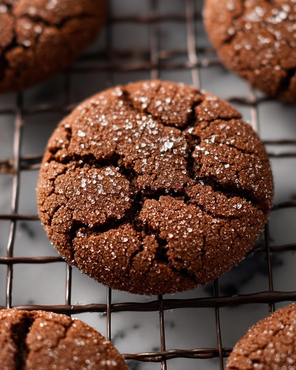 A close-up view of a single round chocolate cookie with a cracked top texture sprinkled with coarse sugar crystals, resting on a dark metal cooling rack. The cookie appears soft yet slightly crisp, showing detailed cracks and a rich brown color. The background is a white marbled texture. photo taken with an iphone --ar 4:5 --v 7