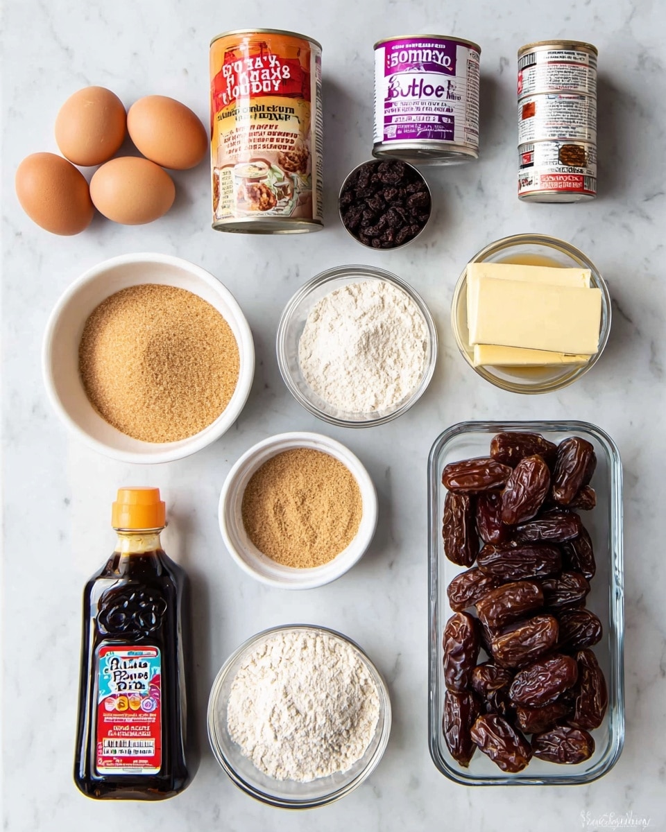 The image shows an assortment of baking ingredients neatly arranged on a white marbled texture surface, including three eggs with light brown shells near the bottom left, a small white bowl filled with dark raisins to their left, and a medium white bowl of light brown sugar below the raisins. To the right of the eggs, there is a clear rectangular plastic container of dates with a colorful label on top, and next to it two glass bowls, one containing white flour and the other with a lighter tan flour. Above the flour bowls, there are two metal cans, one labeled baking soda with a red and orange design, and the other baking powder with a purple and white design. Above these cans is a small white bowl filled with light yellow liquid, and next to that a plastic bottle of dark organic date syrup with a golden cap. Above the eggs and to the left is a small white bowl of dark liquid. Finally, near the top center, two sticks of unsalted butter in cream and orange packaging sit side by side, and just below the small dark liquid bowl is a small container of ground allspice with a red cap and label. photo taken with an iphone --ar 4:5 --v 7