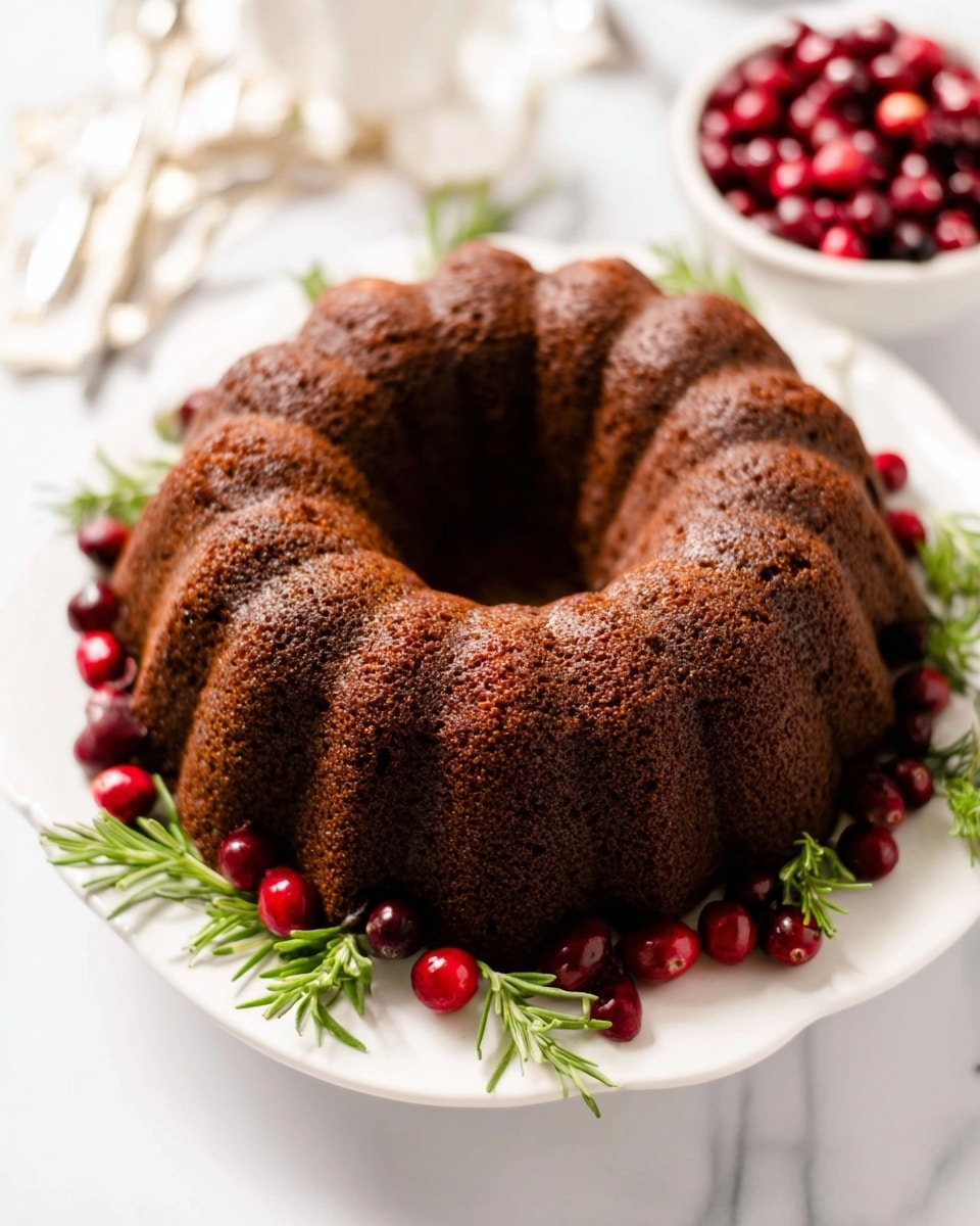 A single-layer dark brown bundt cake with a textured surface, shaped in a circular form with deep ridges, sits centered on a white plate. Around the base of the cake, bright red cranberries and green sprigs of rosemary are placed evenly as decoration. In the background, slightly blurred, a white bowl filled with more red cranberries is visible. The whole scene is set on a white marbled surface, giving a clean bright look. The photo taken with an iphone --ar 4:5 --v 7