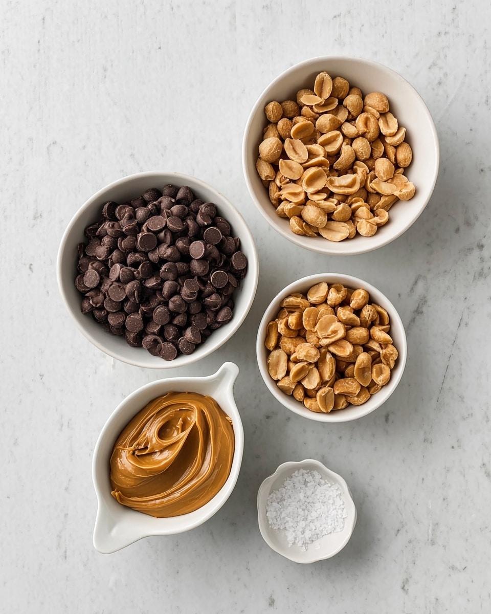 Four white bowls are placed on a white marbled surface. The top left bowl is filled with many small, round, dark chocolate chips. The top right bowl contains a large amount of shelled peanuts, showing a mix of light brown and darker brown colors. Below the chocolate chips, a white bowl with a small handle holds smooth, creamy peanut butter with visible swirls. At the bottom center, a small white bowl contains coarse sea salt. photo taken with an iphone --ar 4:5 --v 7