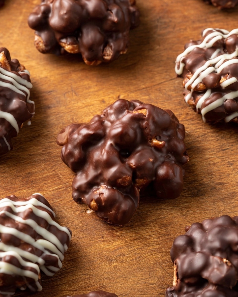 The image shows several round clusters of nuts covered in milk and dark chocolate placed on a wooden surface. Each cluster is different, with rough, uneven shapes made by the clumped nuts under a smooth chocolate coating. Some of the milk chocolate clusters are decorated with thin white chocolate stripes on top, creating a contrast with the light brown base. The dark chocolate clusters have a darker, shiny finish with visible lumps from the nuts inside. The scene is simple, with the clusters spread apart, showing the texture of both the chocolate and the nuts clearly. photo taken with an iphone --ar 4:5 --v 7