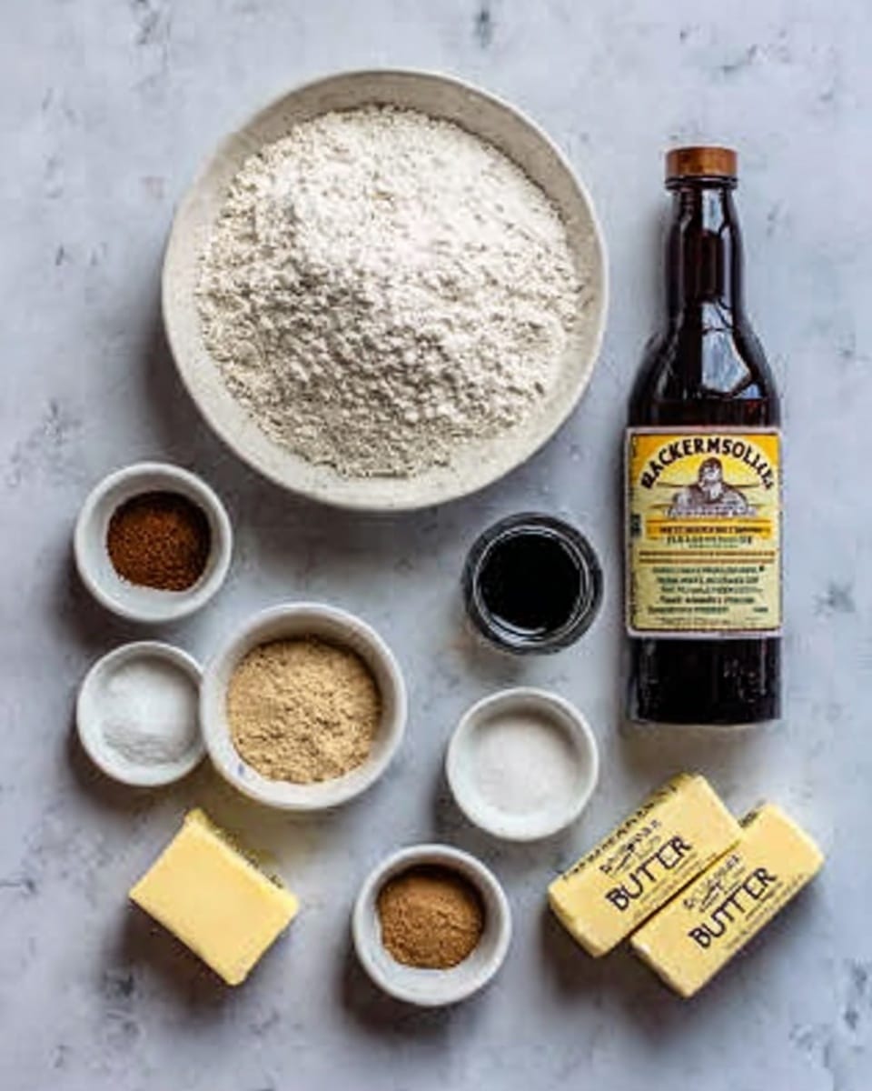 The image shows a white marbled surface with several white bowls and a bottle arranged neatly. One large white bowl in the center is filled with light flour, surrounded by smaller white bowls containing white salt, light brown sugar, dark brown powder, and a light yellow powder. There is a small glass cup filled with a dark liquid, placed near a dark brown bottle labeled