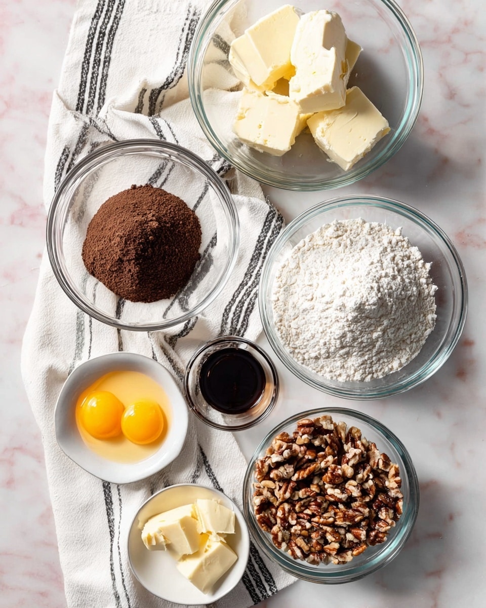 The image shows seven clear glass bowls and small white bowls arranged on a white marbled surface, some sitting on a white cloth with black stripes. The largest bowl at the top center holds two blocks of cream cheese and butter, creamy white and light yellow in color with smooth textures. Below it, a medium bowl contains dark brown sugar, looking soft and fluffy. To the right, another medium bowl holds fine white flour, textured like powder. A small bowl of dark vanilla extract sits just next to it. Below are two small white bowls, one with two raw yellow eggs and the other with melted yellow butter. At the bottom right, there is another small clear bowl filled with chopped pecans that add a mix of brown shades and rough texture. Photo taken with an iphone --ar 4:5 --v 7
