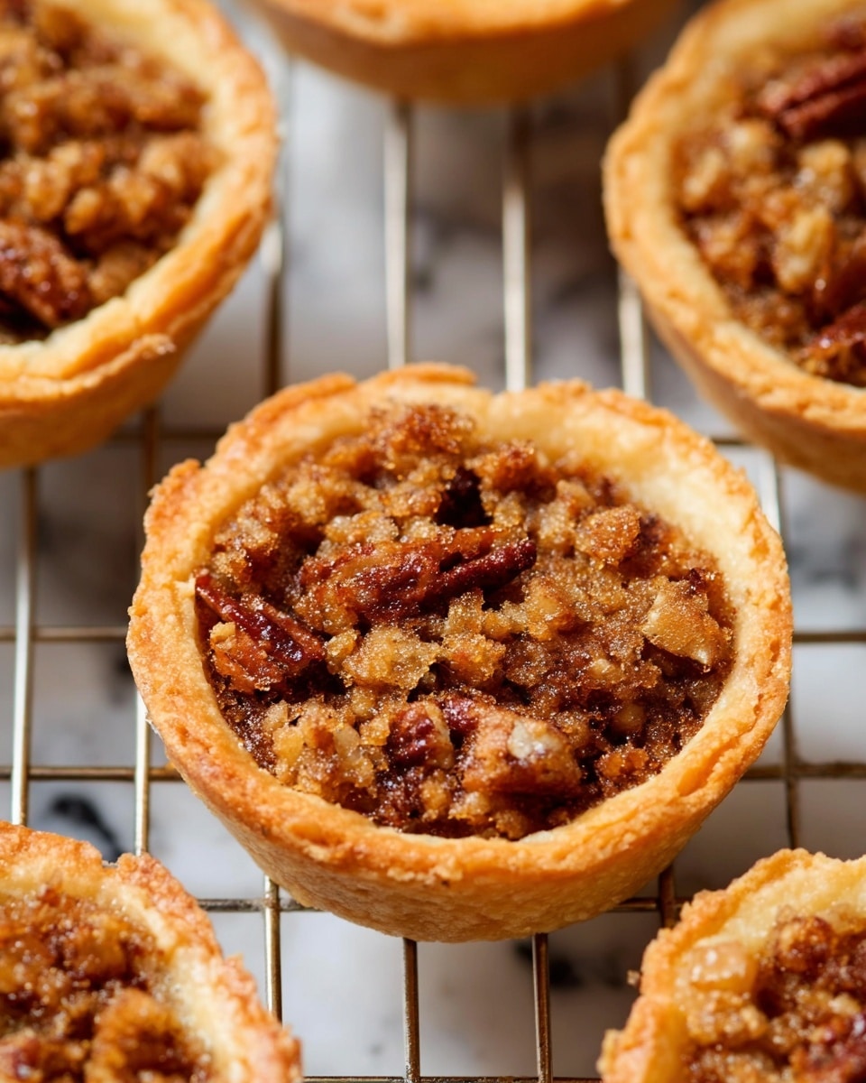 The image shows several small round tartlets with a golden brown crust and a rough, crumbly filling made of pieces of pecans. Each tartlet has one visible layer of crust at the base and sides, which is light golden and slightly flaky. The filling sits inside the crust and is darker brown with a textured, crunchy look, made from uneven nut pieces bound together. The tartlets rest on a wire cooling rack with a blurred white marbled surface underneath. The photo is close-up, focusing on the central tartlet, showing detailed textures of the crust and filling. photo taken with an iphone --ar 4:5 --v 7